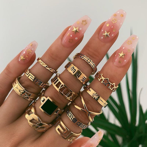 KMVEXO 13 Pcs/Set Bohemian Gold Geometric Snake Heart Butterfly Crystal Ring Set Women Charm Joint Rings Party Wedding Jewelry
