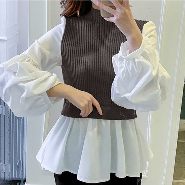 2020 Spring Long Sleeve Blouse Korean Office Ladies Elegant Chic Fake Two Piece Patchwork Shirts Causal Femele Tops Black/Gray